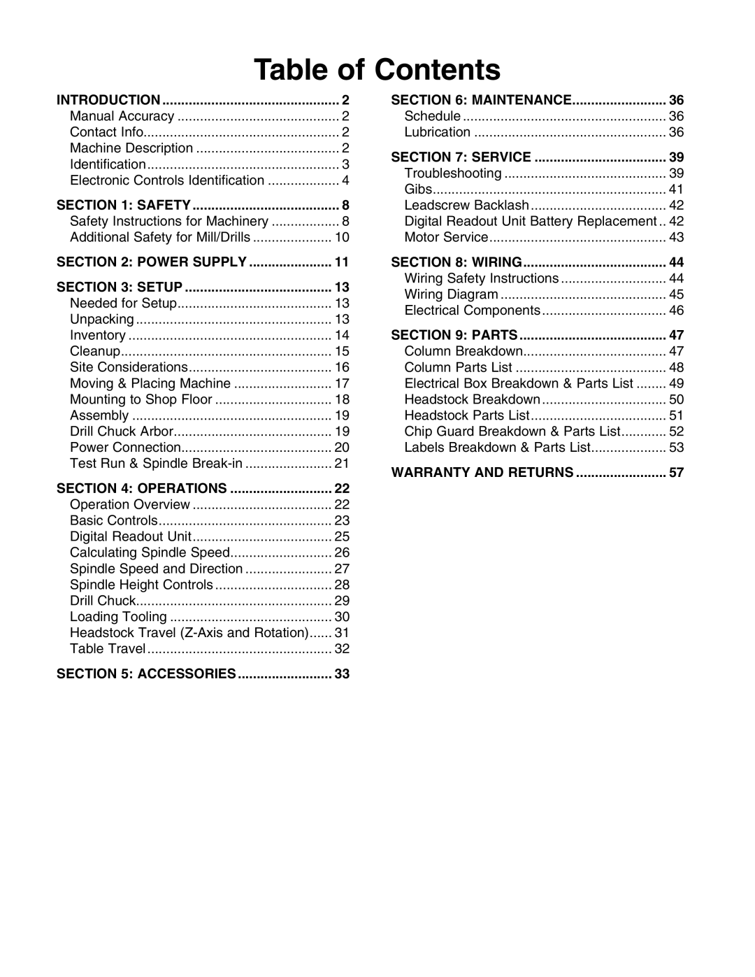 Grizzly G0759 owner manual Table of Contents 