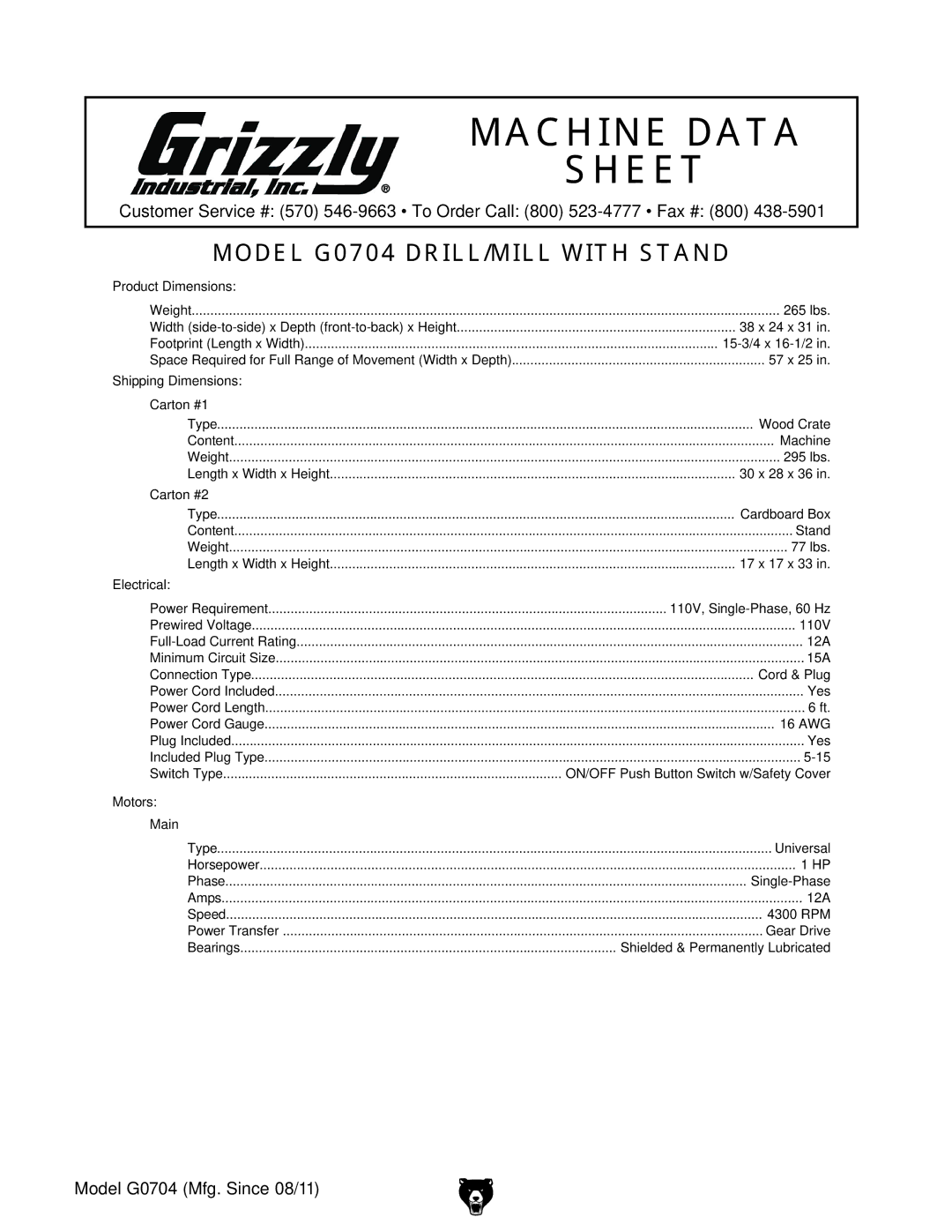 Grizzly G0759 owner manual Model G0704 DRILL/MILL with Stand 