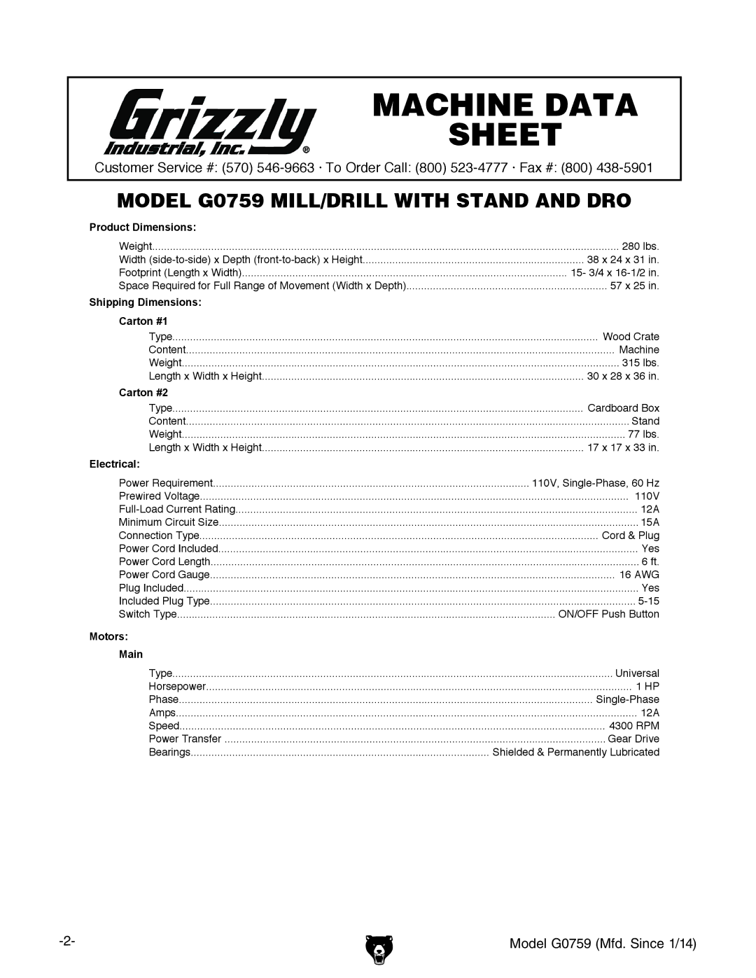 Grizzly G0759 owner manual Machine Data Sheet 