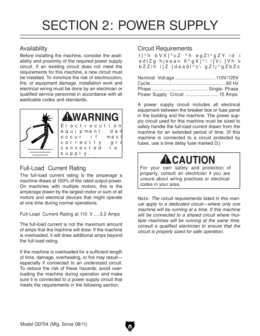 Grizzly G0759 owner manual Power Supply 