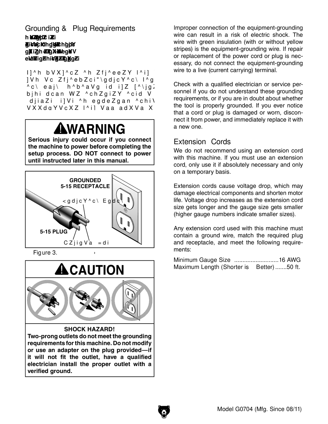 Grizzly G0759 owner manual Minimum Gauge Size 16 AWG, 50 ft 