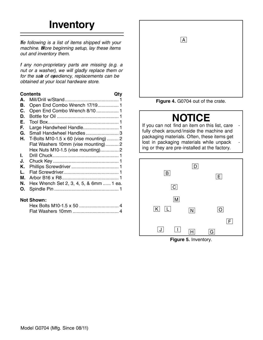 Grizzly G0759 owner manual Inventory, Contents Qty, Not Shown 