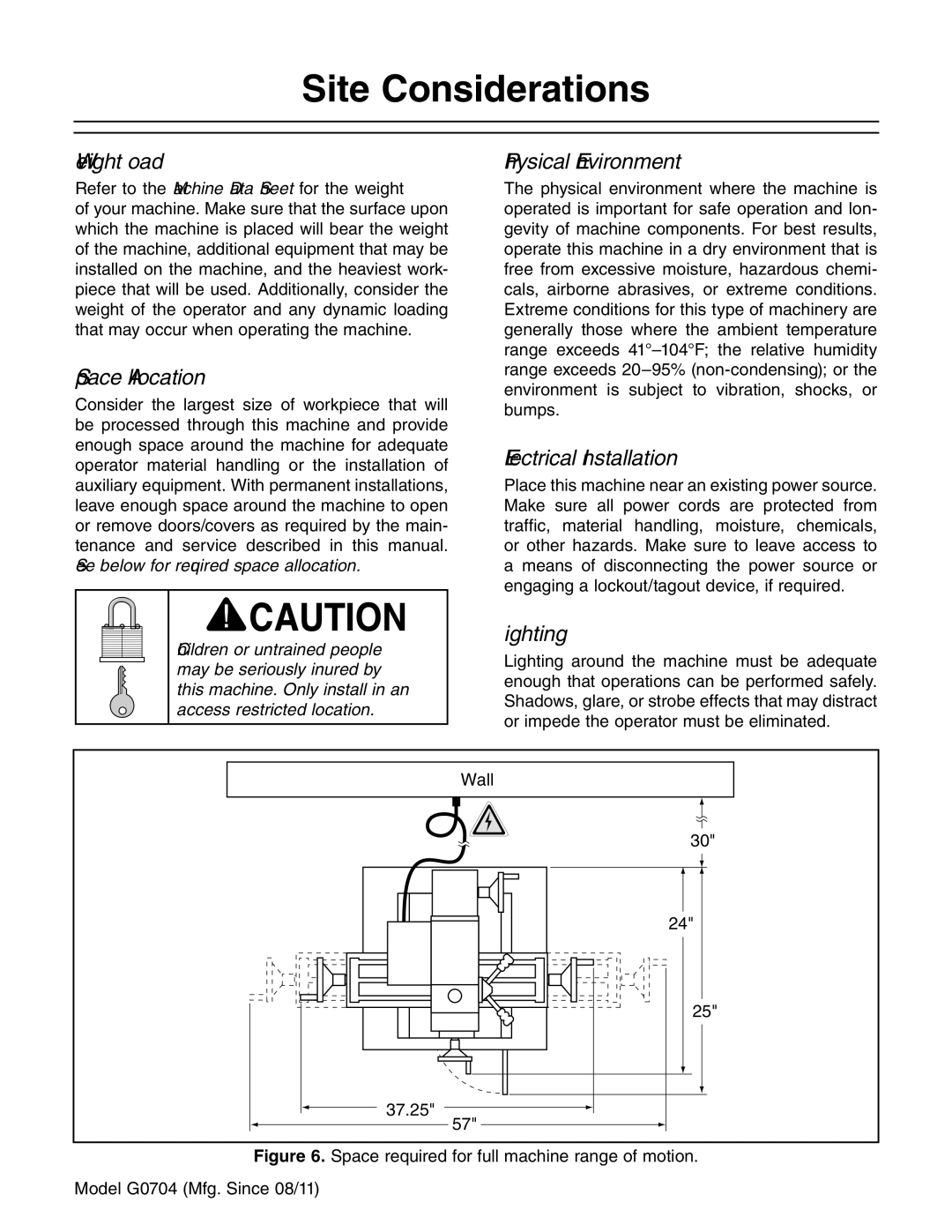 Grizzly G0759 owner manual Site Considerations, Weight Load 