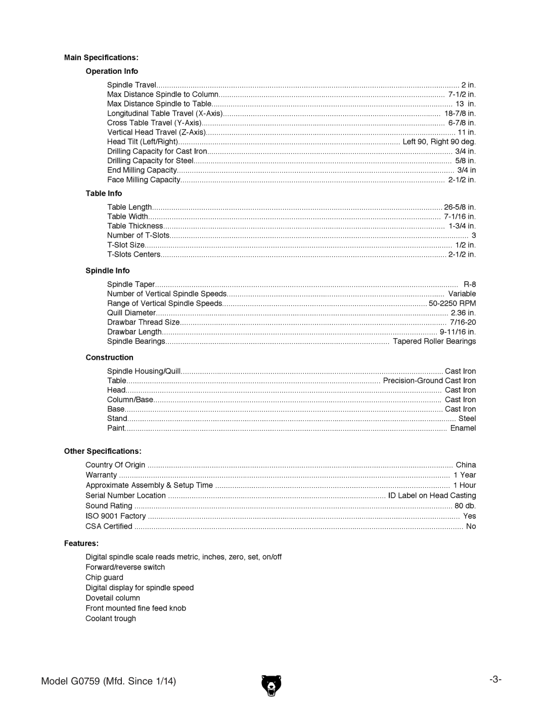 Grizzly G0759 owner manual Table Info 