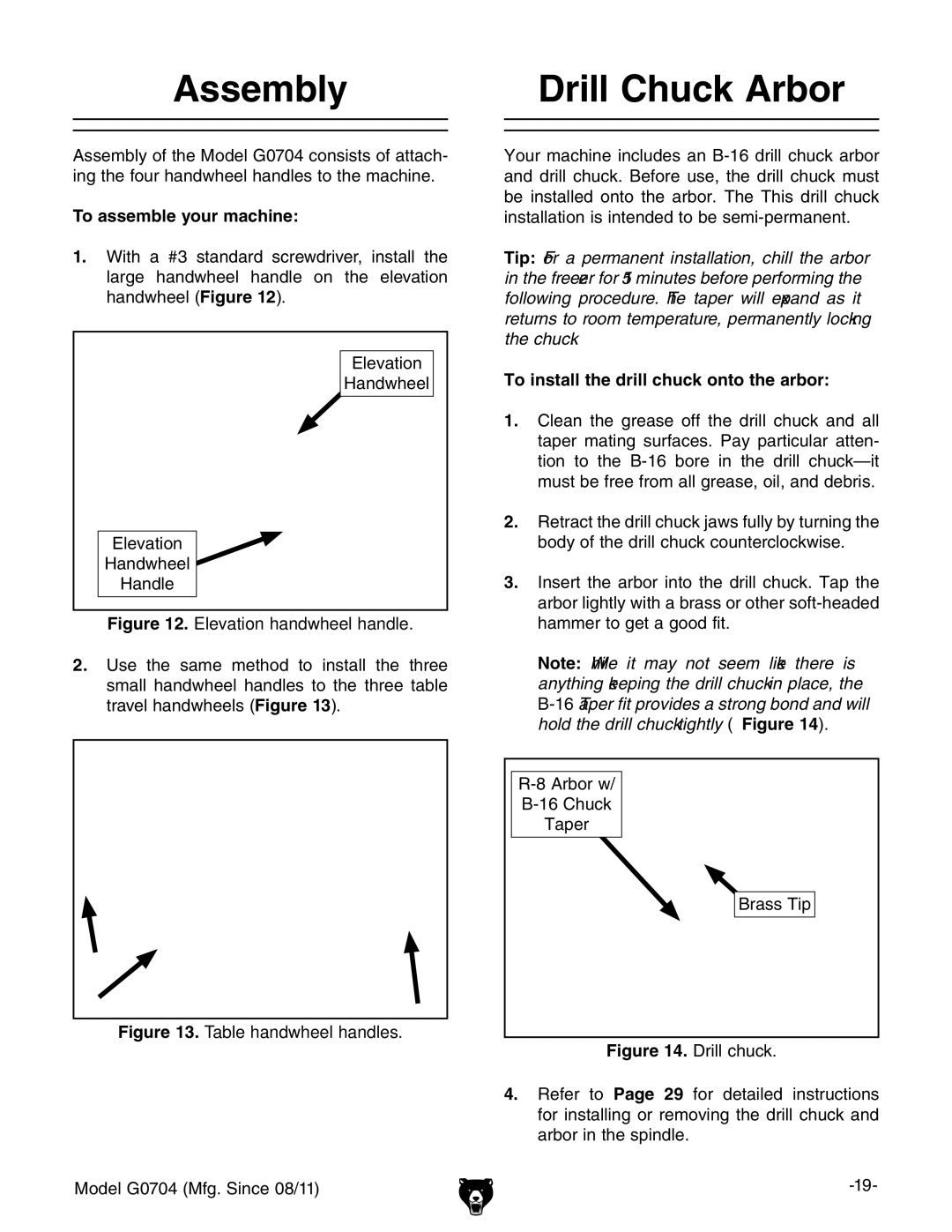 Grizzly G0759 owner manual Assembly, Drill Chuck Arbor, To assemble your machine, To install the drill chuck onto the arbor 