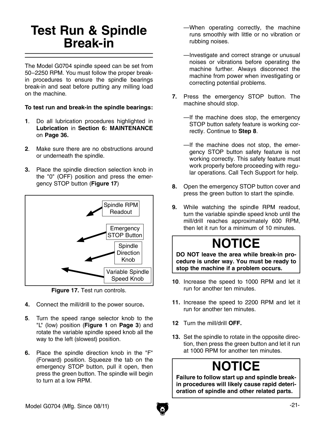 Grizzly G0759 owner manual Test Run & Spindle Break-in, To test run and break-in the spindle bearings 