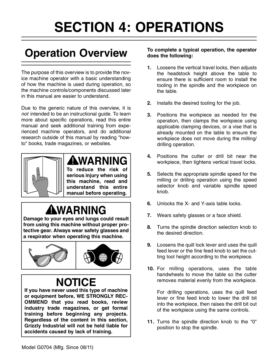 Grizzly G0759 owner manual Operations, Operation Overview 