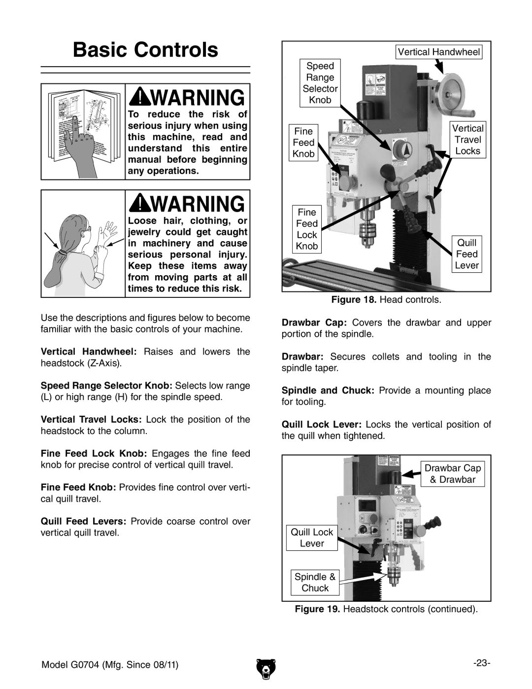 Grizzly G0759 owner manual Basic Controls, Speed Range Selector Knob Selects low range 