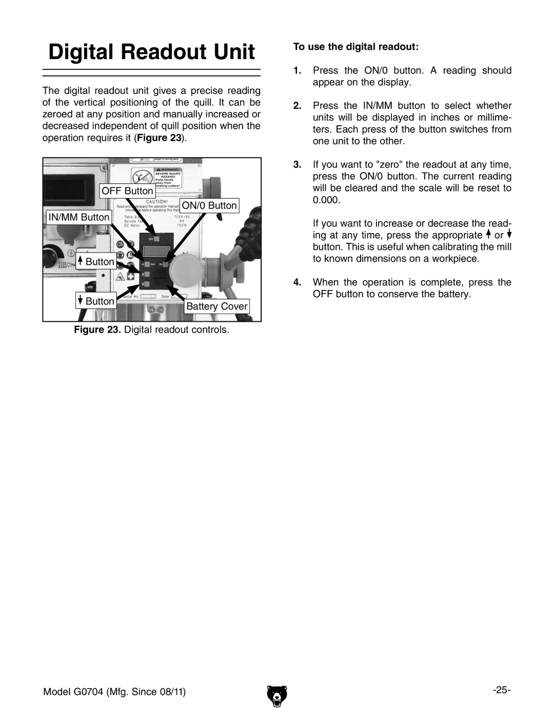 Grizzly G0759 owner manual Digital Readout Unit, To use the digital readout 