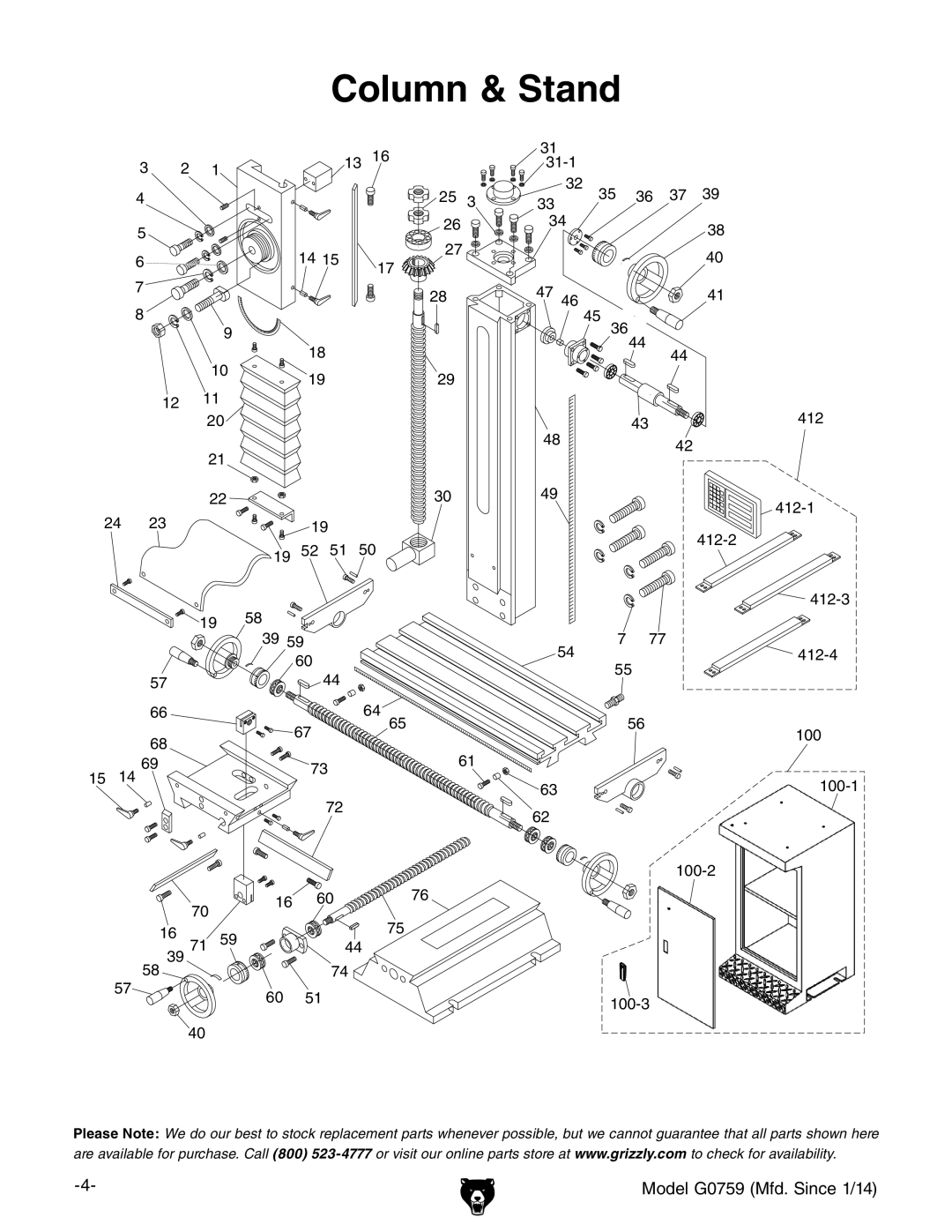 Grizzly G0759 owner manual Column & Stand 