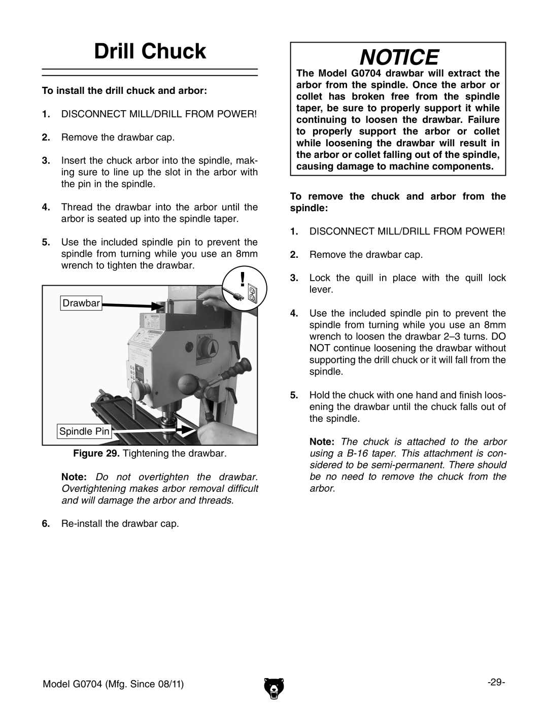 Grizzly G0759 owner manual Drill Chuck, To install the drill chuck and arbor 