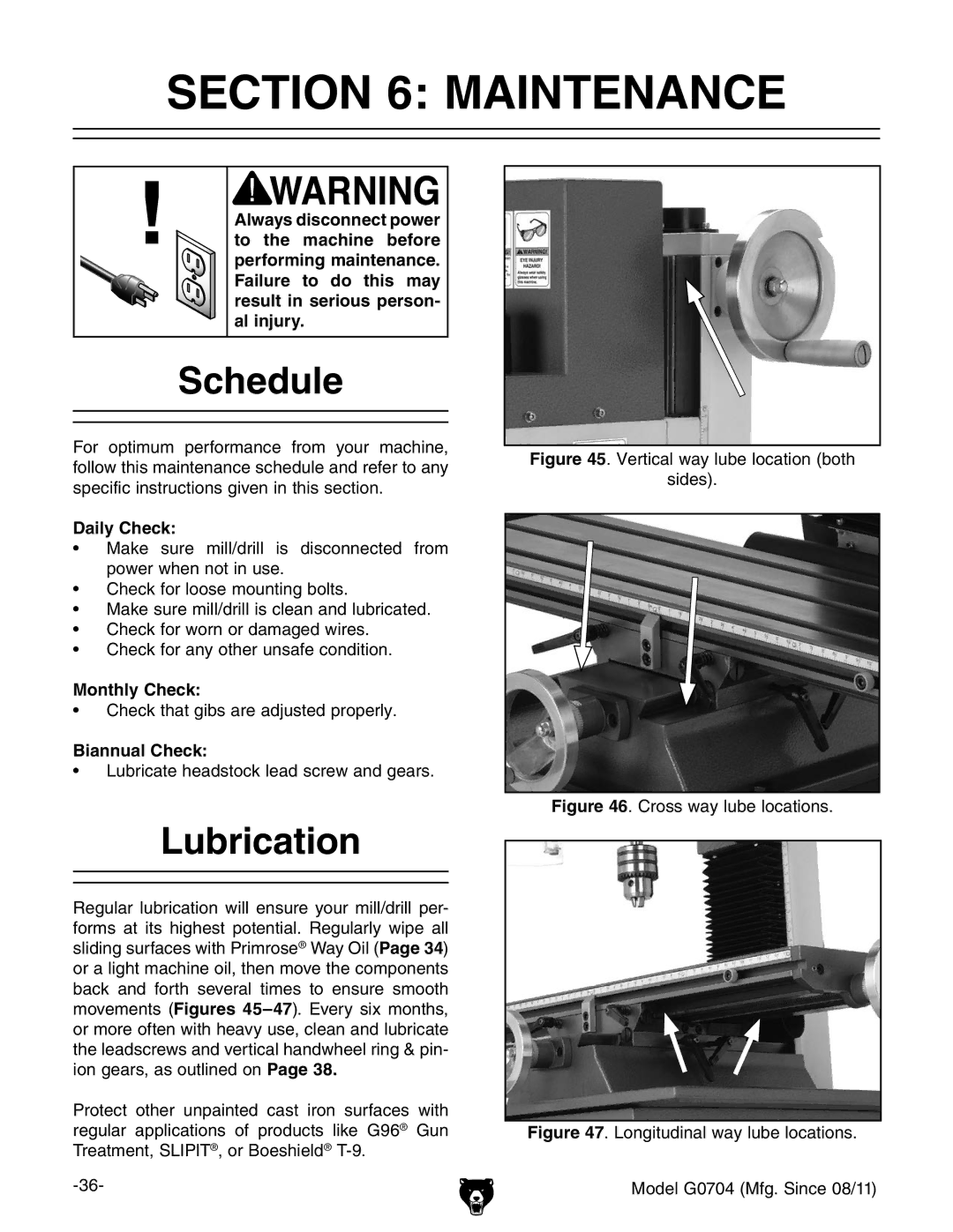 Grizzly G0759 owner manual Maintenance, Schedule, Lubrication 