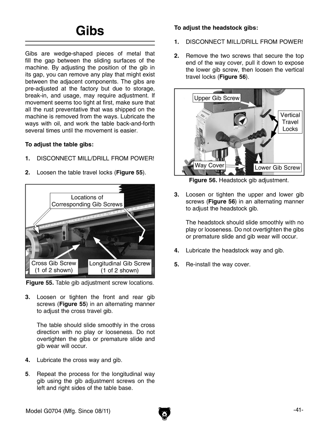 Grizzly G0759 owner manual Gibs, To adjust the table gibs, To adjust the headstock gibs 