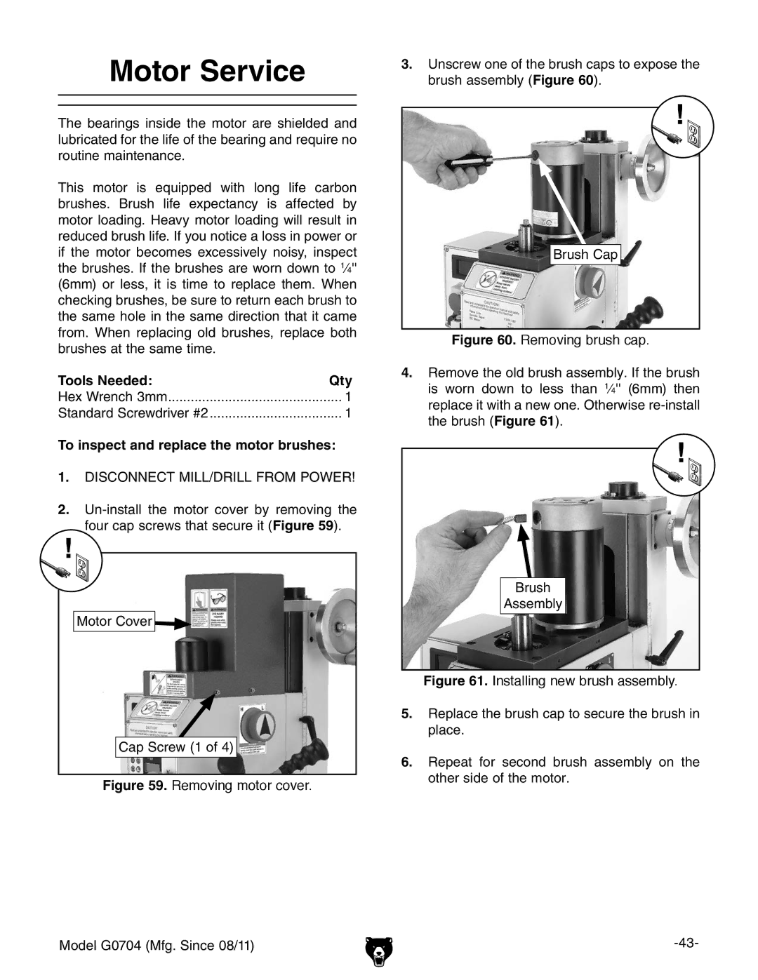 Grizzly G0759 owner manual Motor Service, To inspect and replace the motor brushes 