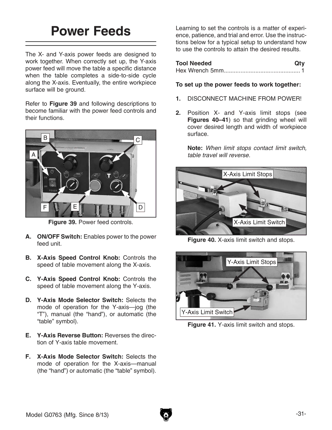 Grizzly G0763 owner manual Power Feeds, Tool Needed Qty, To set up the power feeds to work together 