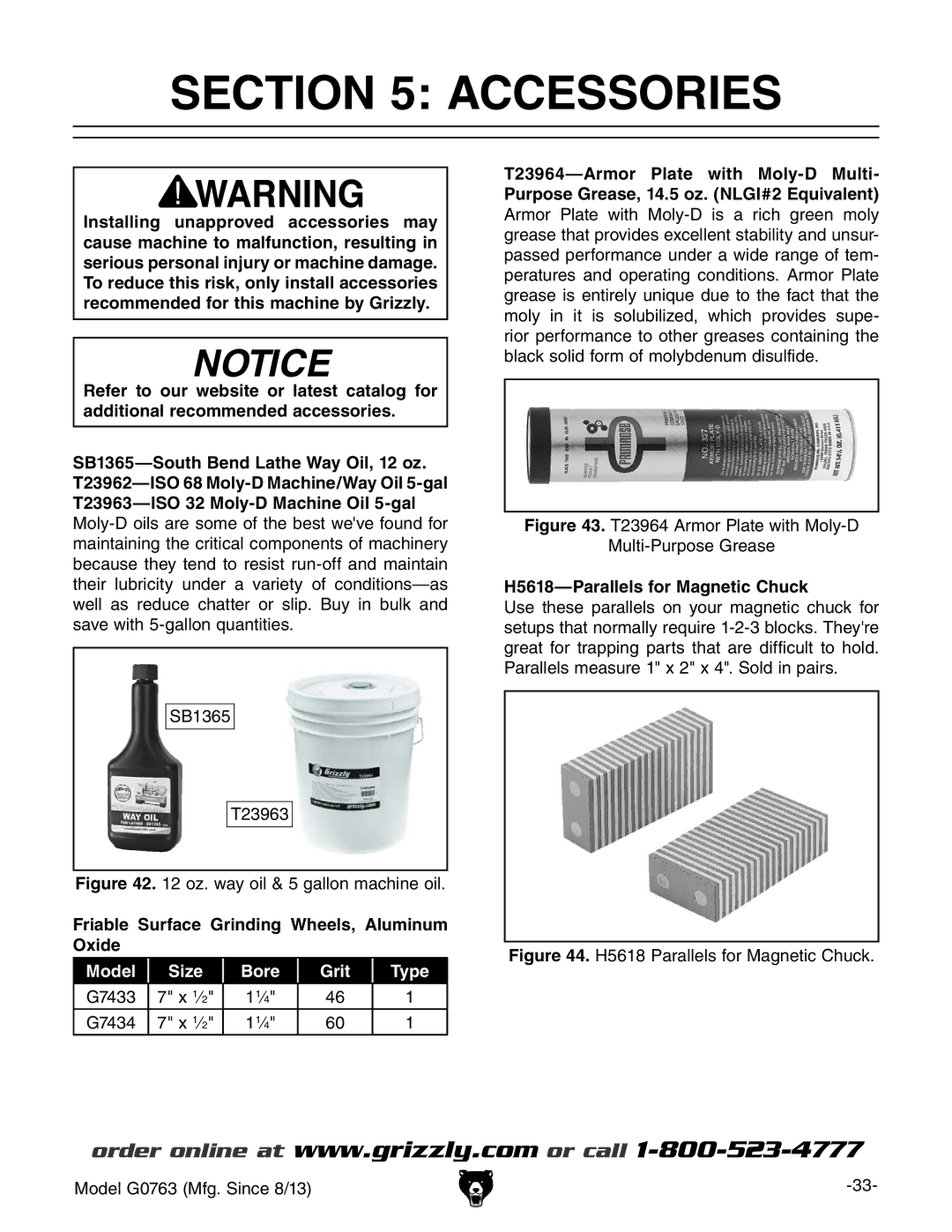 Grizzly G0763 owner manual Accessories, Friable Surface Grinding Wheels, Aluminum Oxide, H5618-Parallels for Magnetic Chuck 