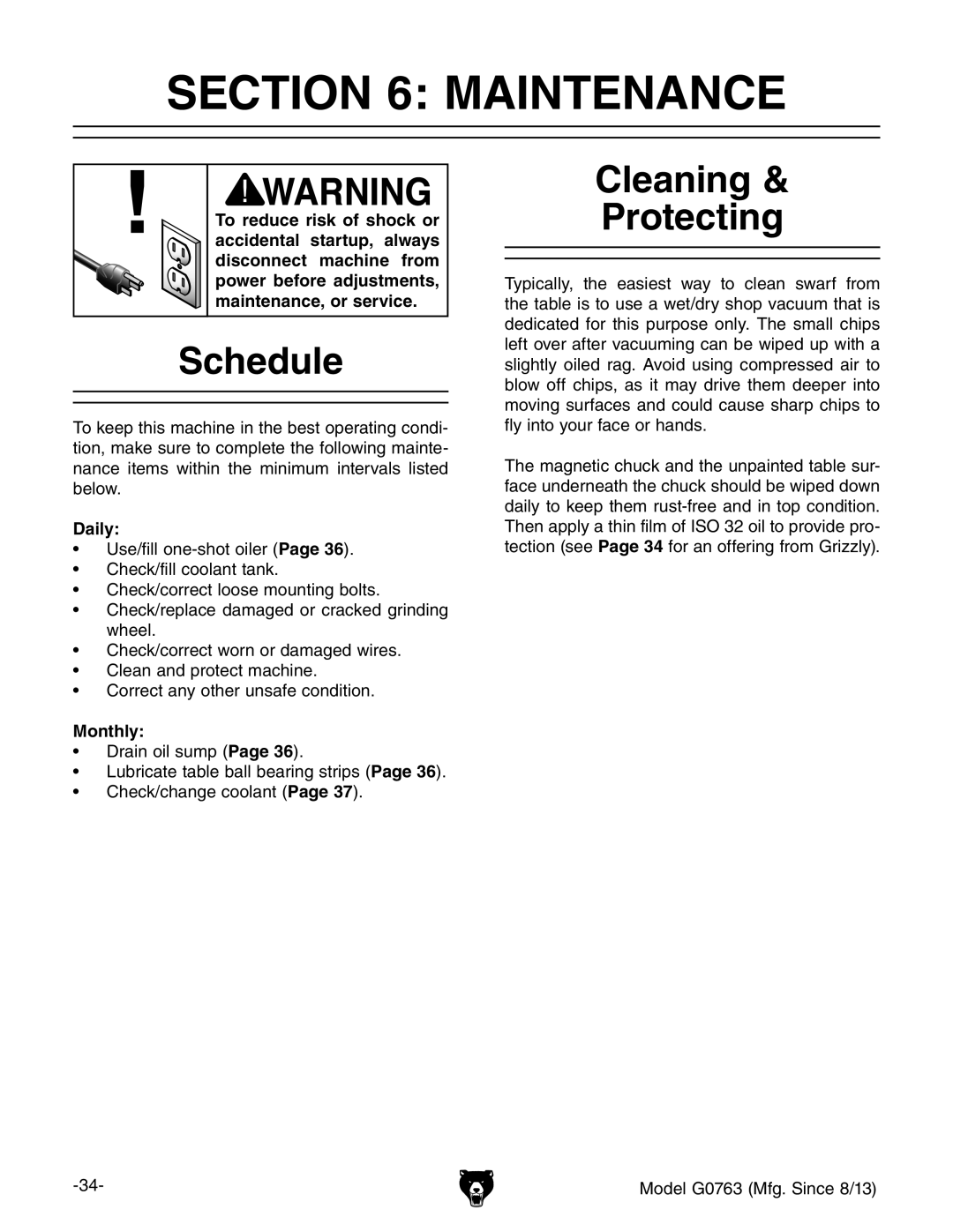 Grizzly G0763 owner manual Maintenance, Schedule, Cleaning Protecting, Daily, Monthly 