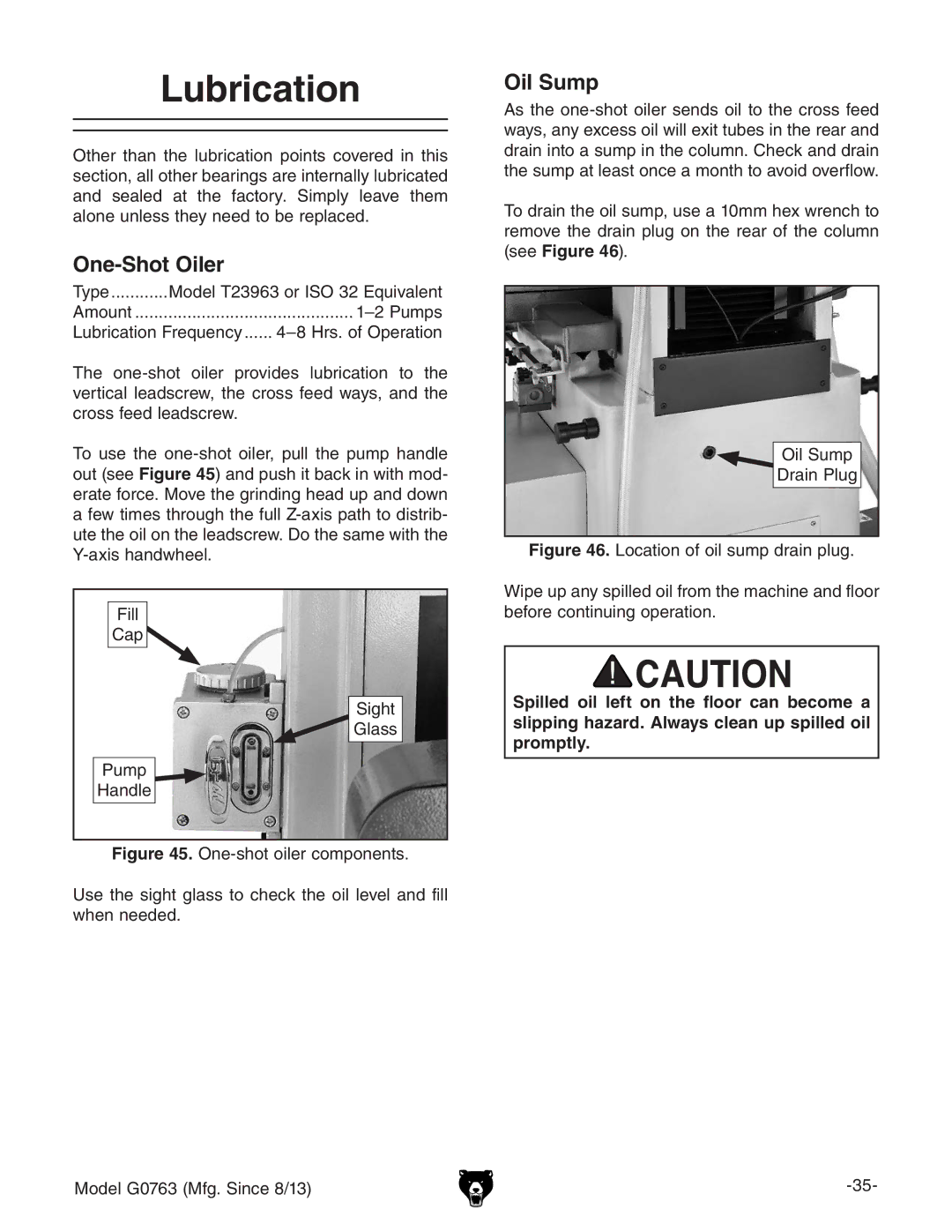 Grizzly G0763 owner manual Lubrication, One-Shot Oiler, Oil Sump 