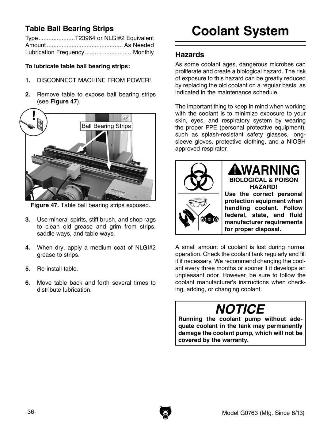 Grizzly G0763 owner manual Coolant System, Table Ball Bearing Strips, Hazards, To lubricate table ball bearing strips 