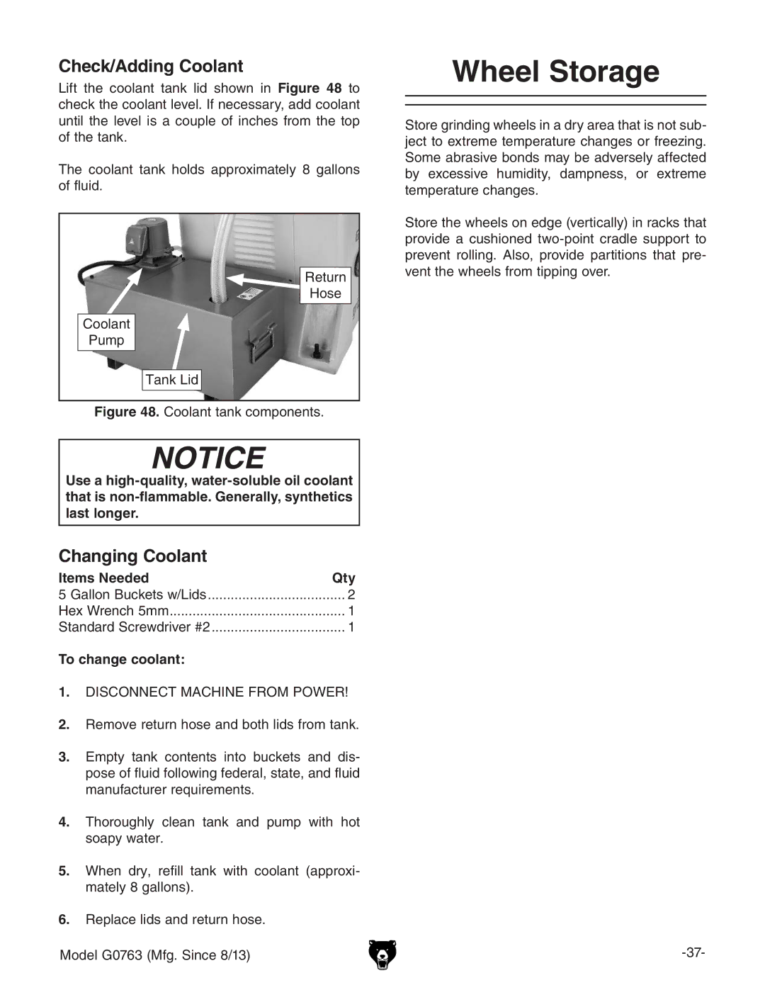 Grizzly G0763 owner manual Wheel Storage, Check/Adding Coolant, Changing Coolant, To change coolant 