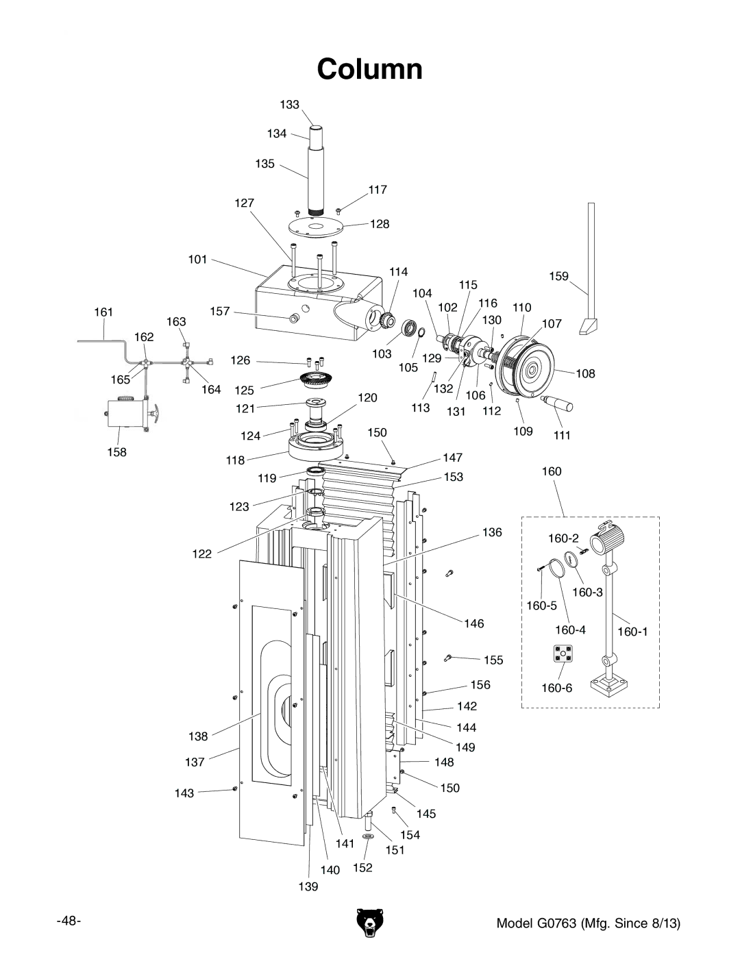 Grizzly G0763 owner manual Column, 134 