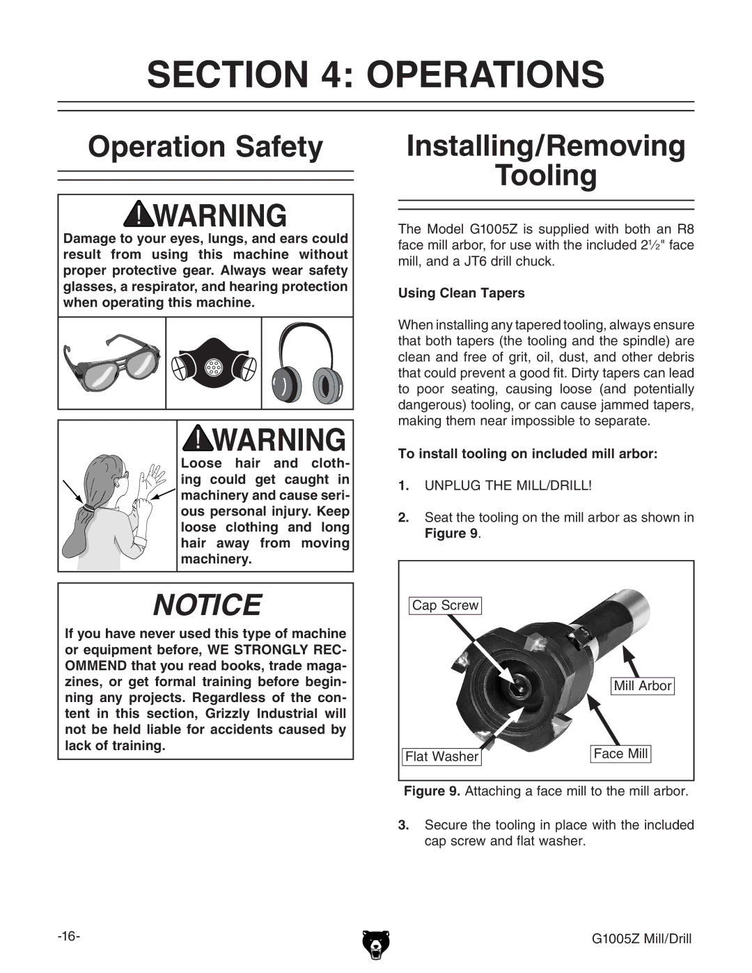 Grizzly G1005Z owner manual Operations, Operation Safety, Installing/Removing Tooling, Using Clean Tapers 