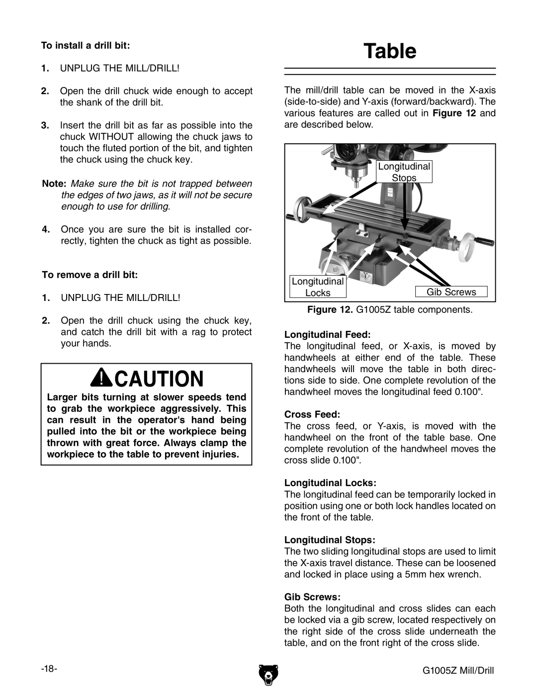 Grizzly G1005Z To install a drill bit, To remove a drill bit, Longitudinal Feed, Cross Feed, Longitudinal Locks 