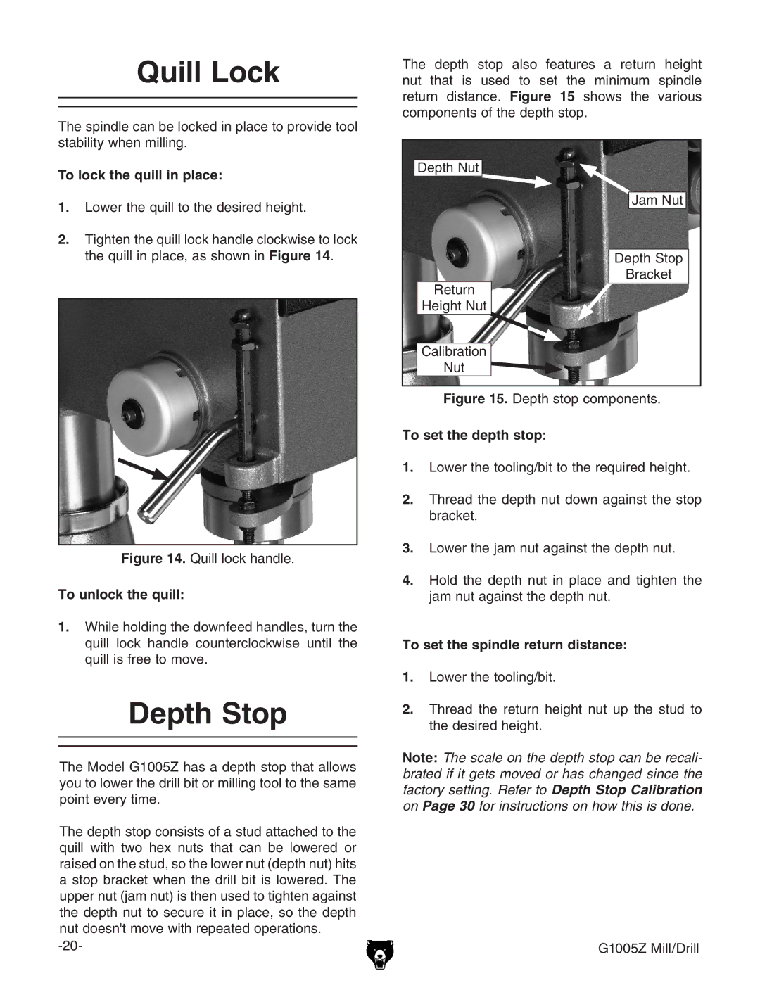 Grizzly G1005Z owner manual Quill Lock, Depth Stop 