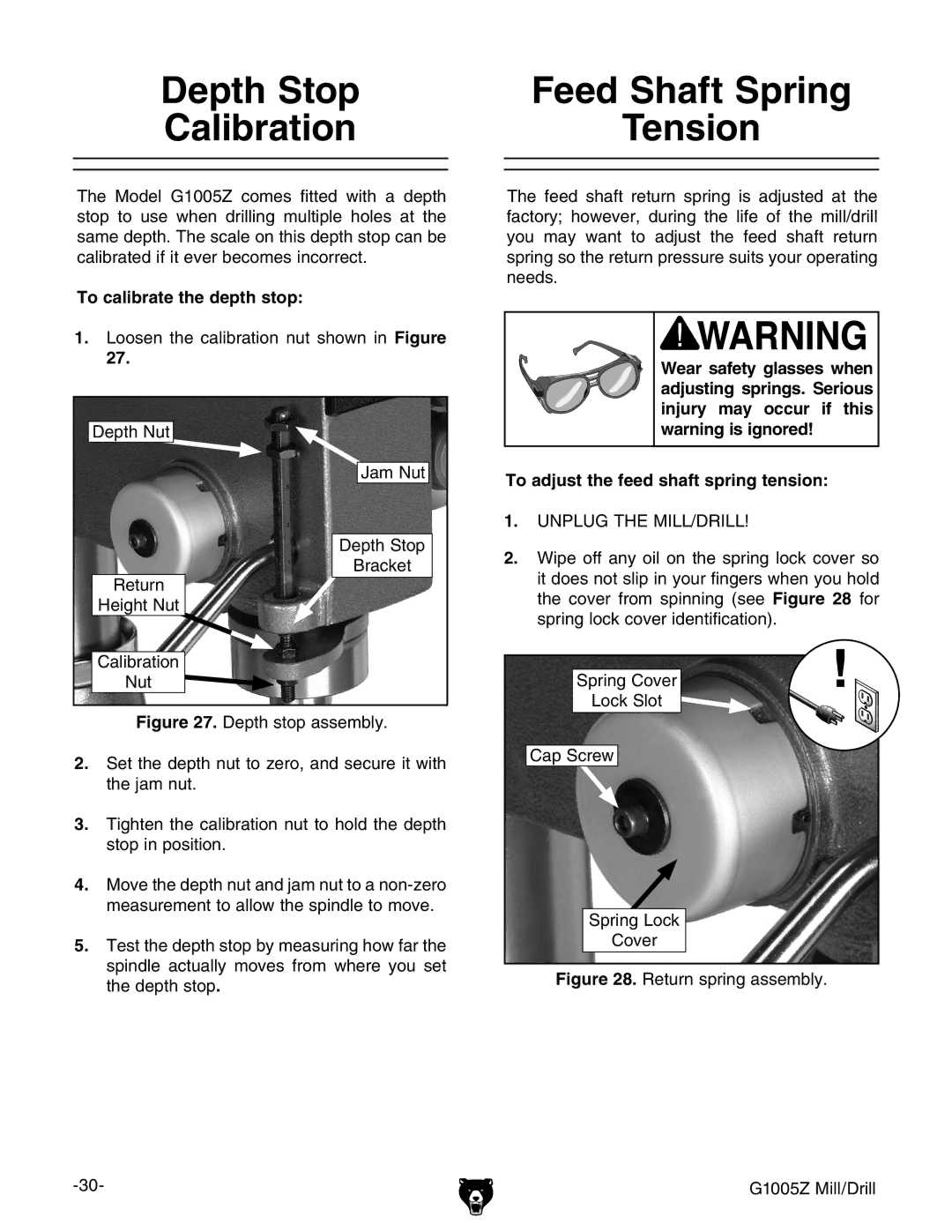 Grizzly G1005Z owner manual Depth Stop Feed Shaft Spring Calibration, To calibrate the depth stop 