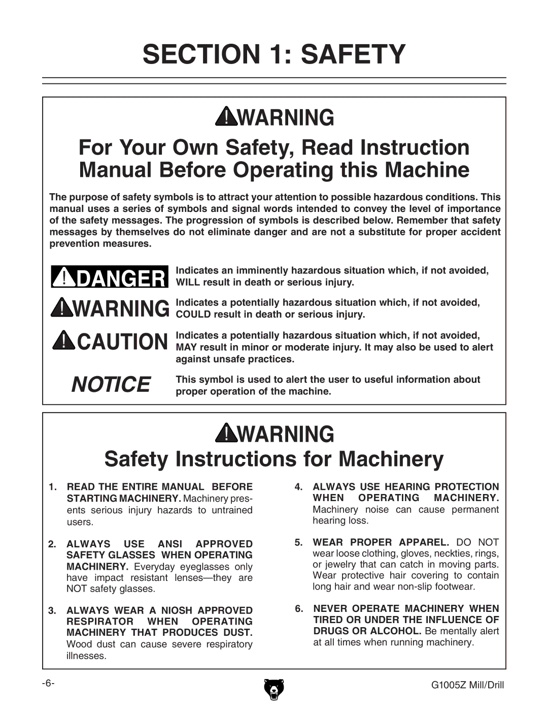 Grizzly G1005Z owner manual Safety 