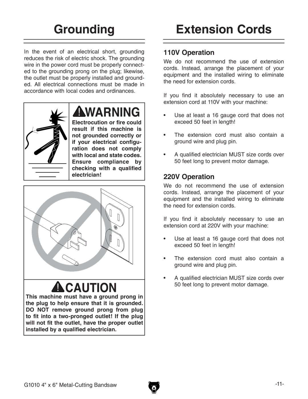 Grizzly G1010 instruction manual Grounding, Extension Cords 