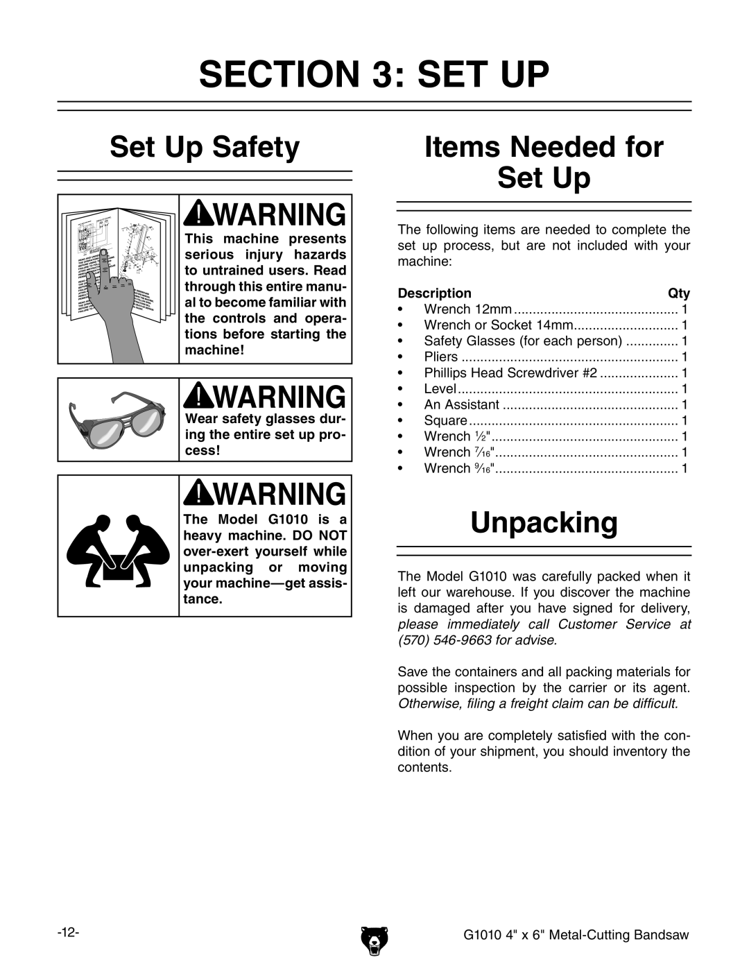 Grizzly G1010 instruction manual Set Up Safety, Items Needed for Set Up, Unpacking, Description Qty 