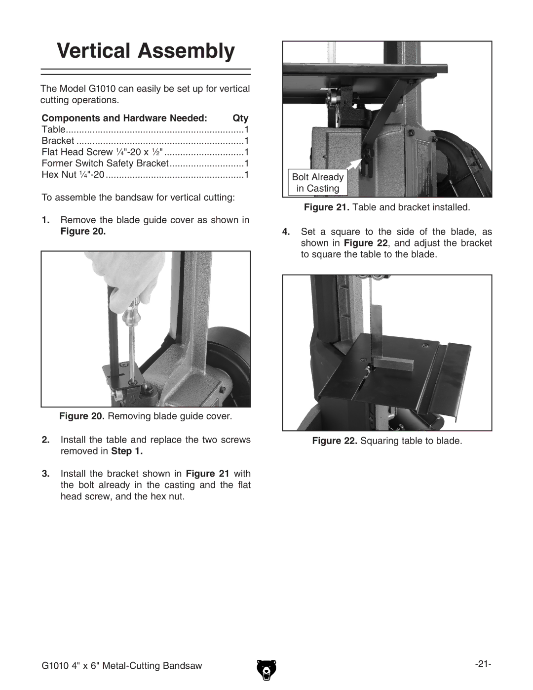 Grizzly G1010 instruction manual Vertical Assembly, Squaring table to blade 