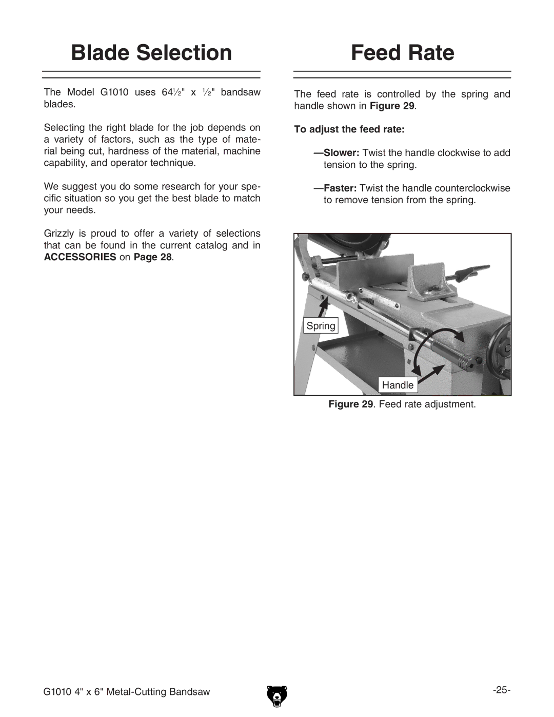 Grizzly G1010 instruction manual Blade Selection, Feed Rate, To adjust the feed rate 