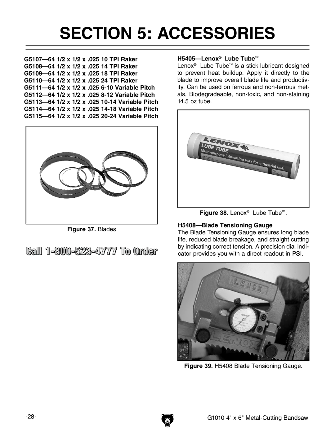 Grizzly G1010 instruction manual Accessories, H5408-Blade Tensioning Gauge 