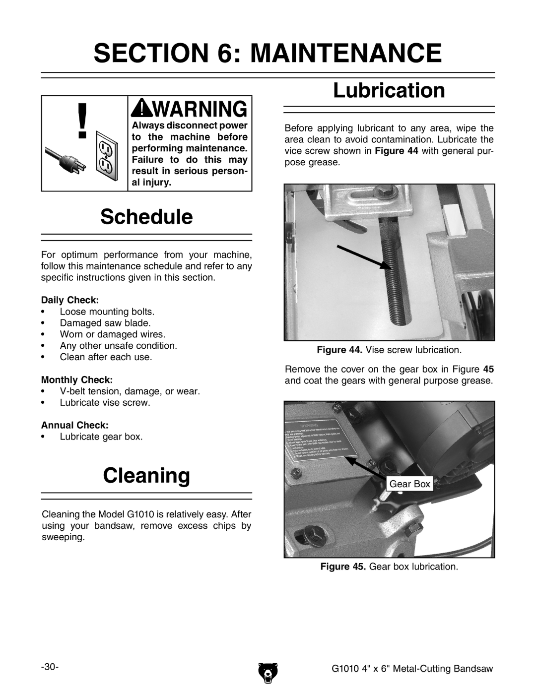 Grizzly G1010 instruction manual Maintenance, Schedule, Cleaning, Lubrication 