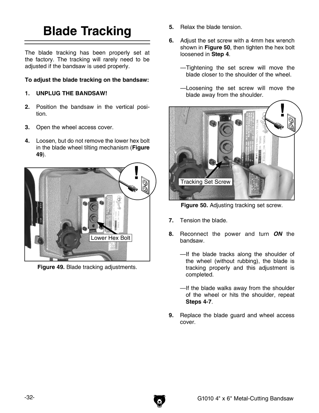 Grizzly G1010 instruction manual Blade Tracking, To adjust the blade tracking on the bandsaw 