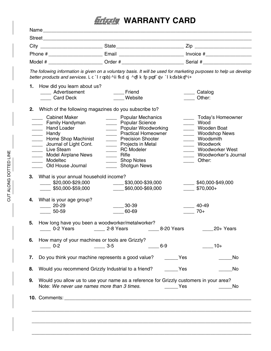 Grizzly G1010 instruction manual Warranty Card, Comments 