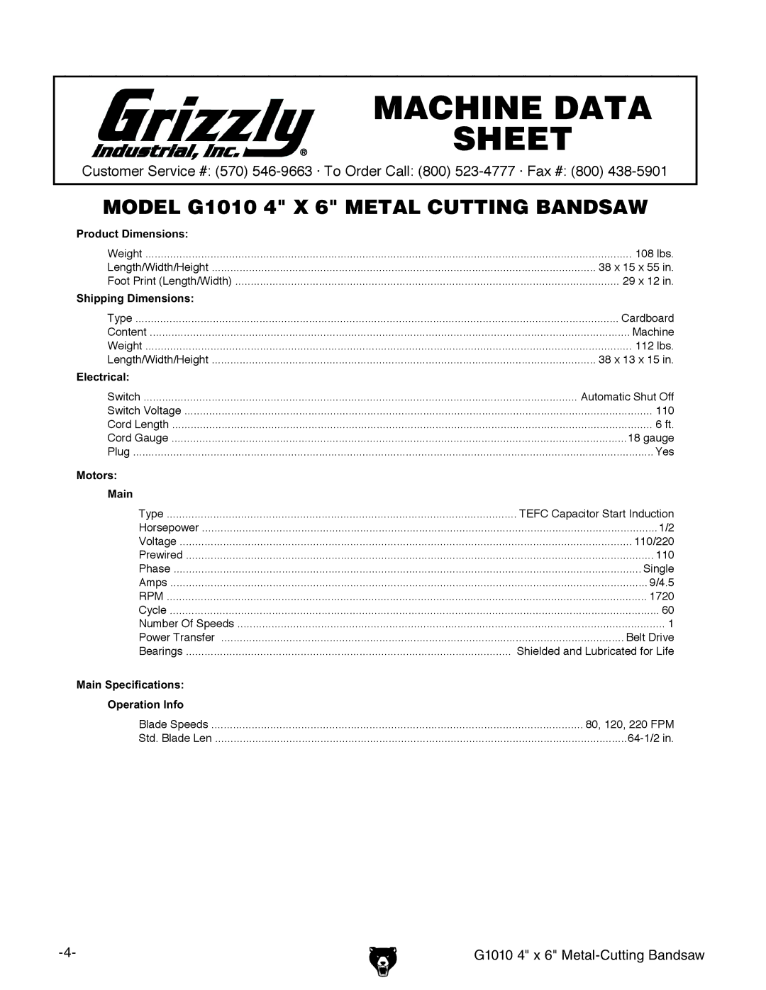 Grizzly G1010 instruction manual Machine Data Sheet 