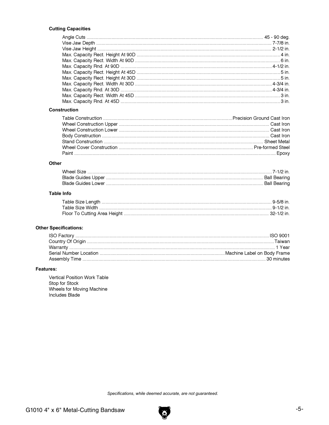 Grizzly G1010 instruction manual Other 