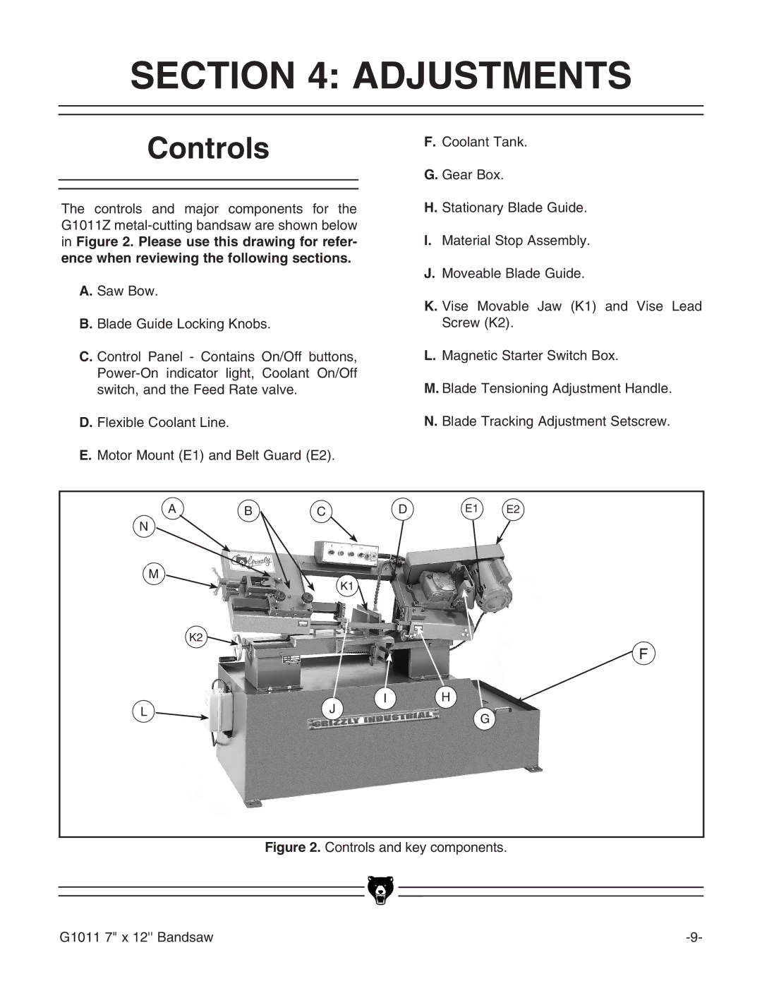 Grizzly G1011Z instruction manual Adjustments, Controls 