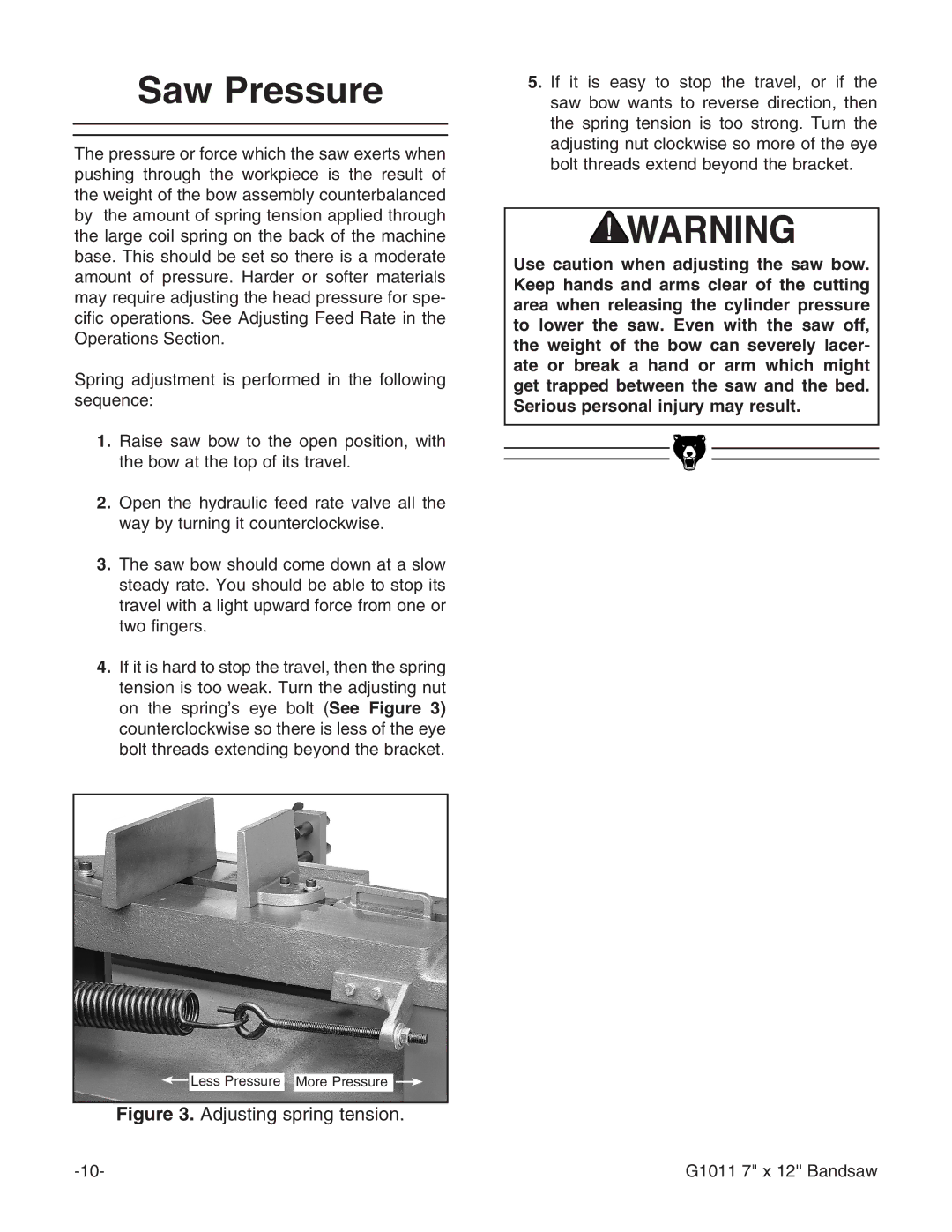 Grizzly G1011Z instruction manual Saw Pressure, Adjusting spring tension 