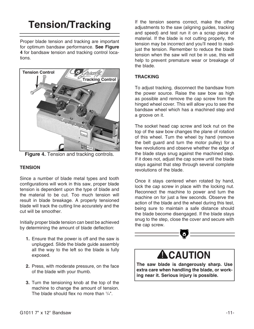 Grizzly G1011Z instruction manual Tension/Tracking 