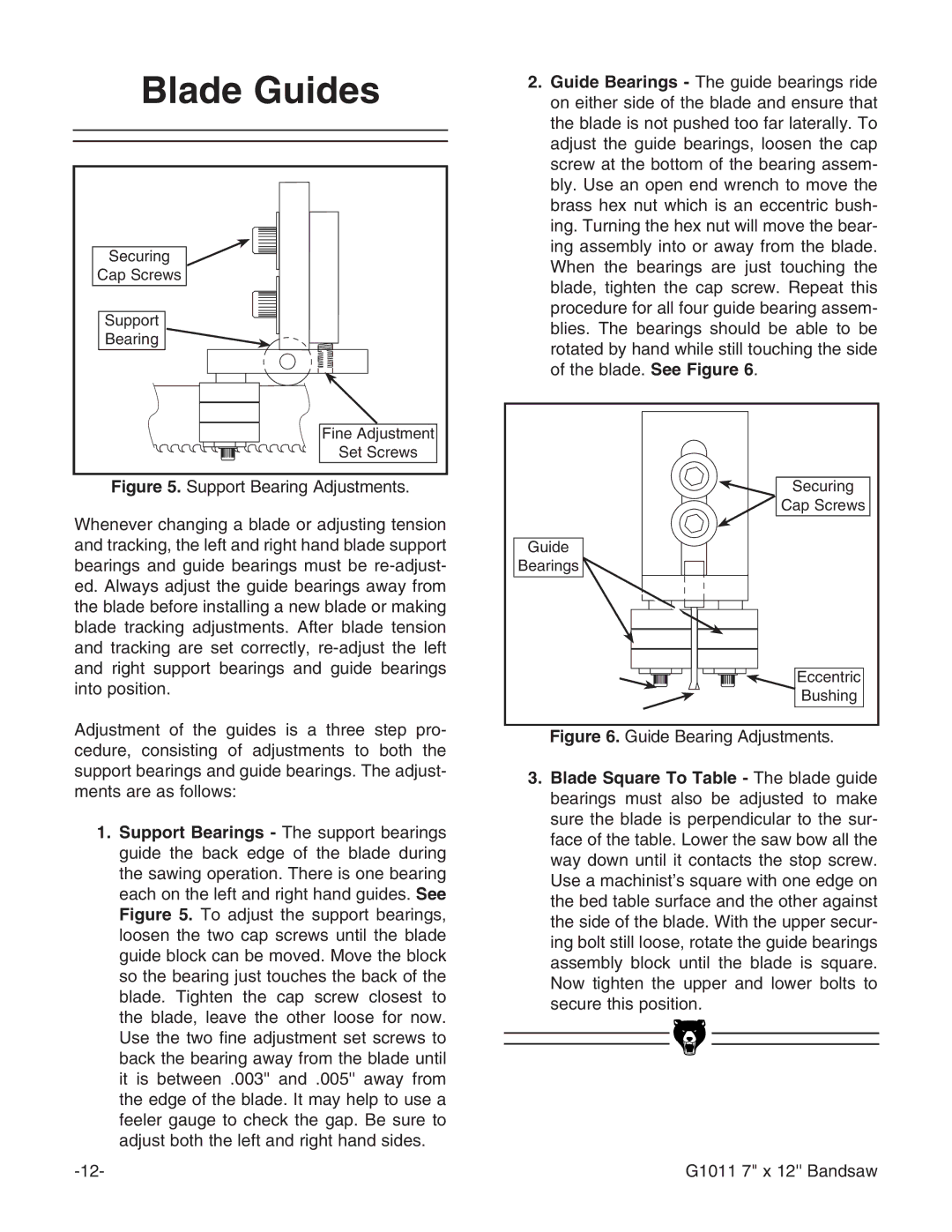 Grizzly G1011Z instruction manual Blade Guides, Guide Bearing Adjustments 