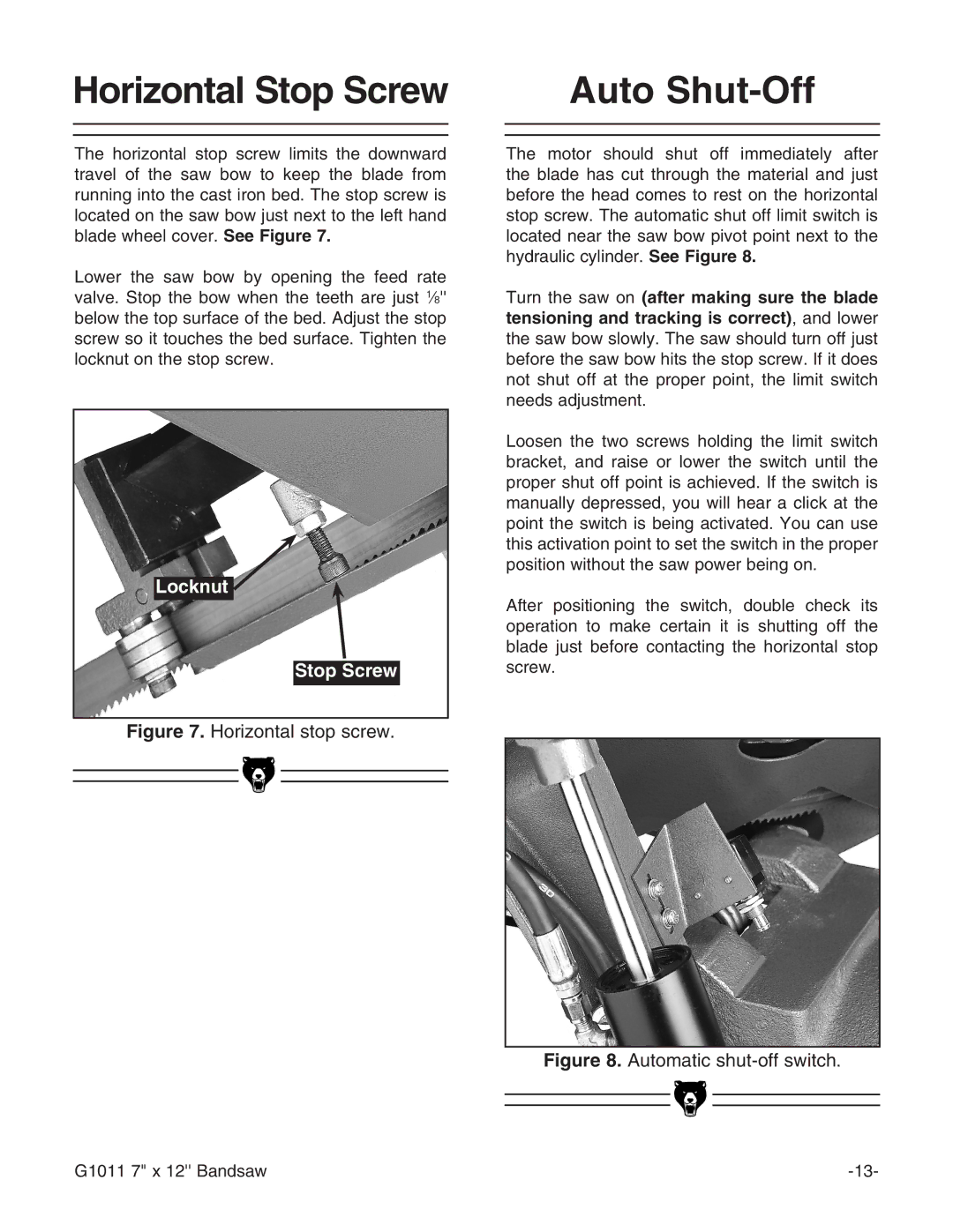 Grizzly G1011Z instruction manual Auto Shut-Off, Locknut Stop Screw 