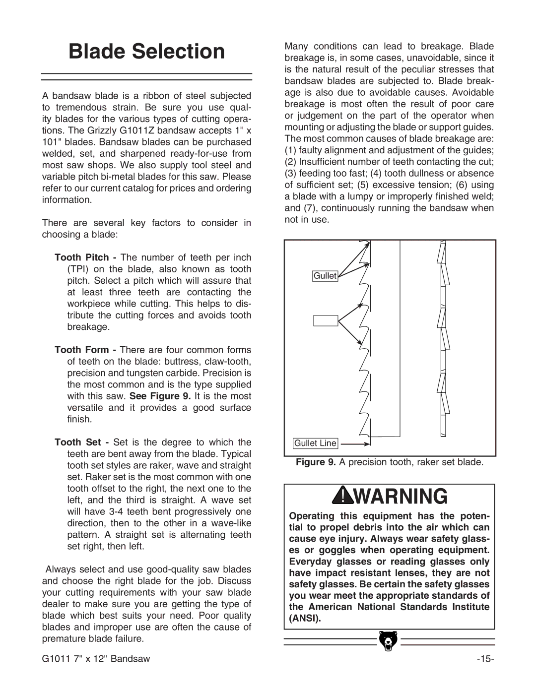 Grizzly G1011Z instruction manual Blade Selection, Precision tooth, raker set blade 