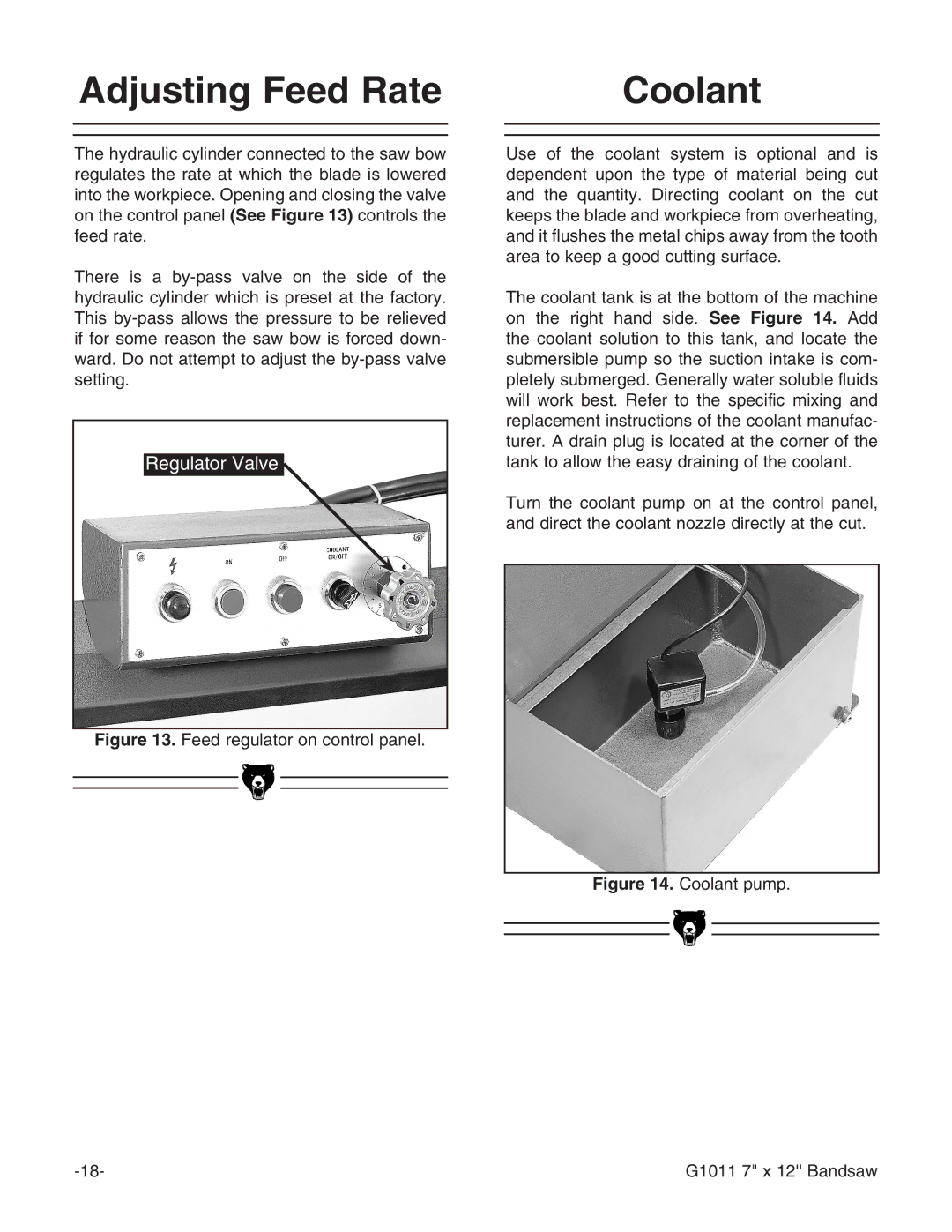 Grizzly G1011Z instruction manual Adjusting Feed Rate Coolant, Coolant pump G1011 7 x 12 Bandsaw 