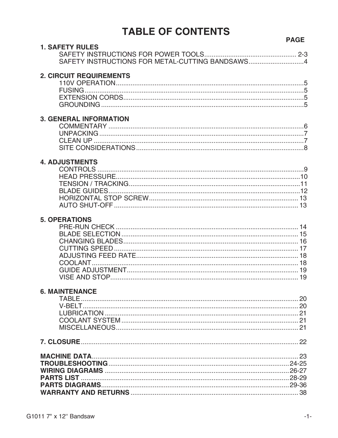 Grizzly G1011Z instruction manual Table of Contents 