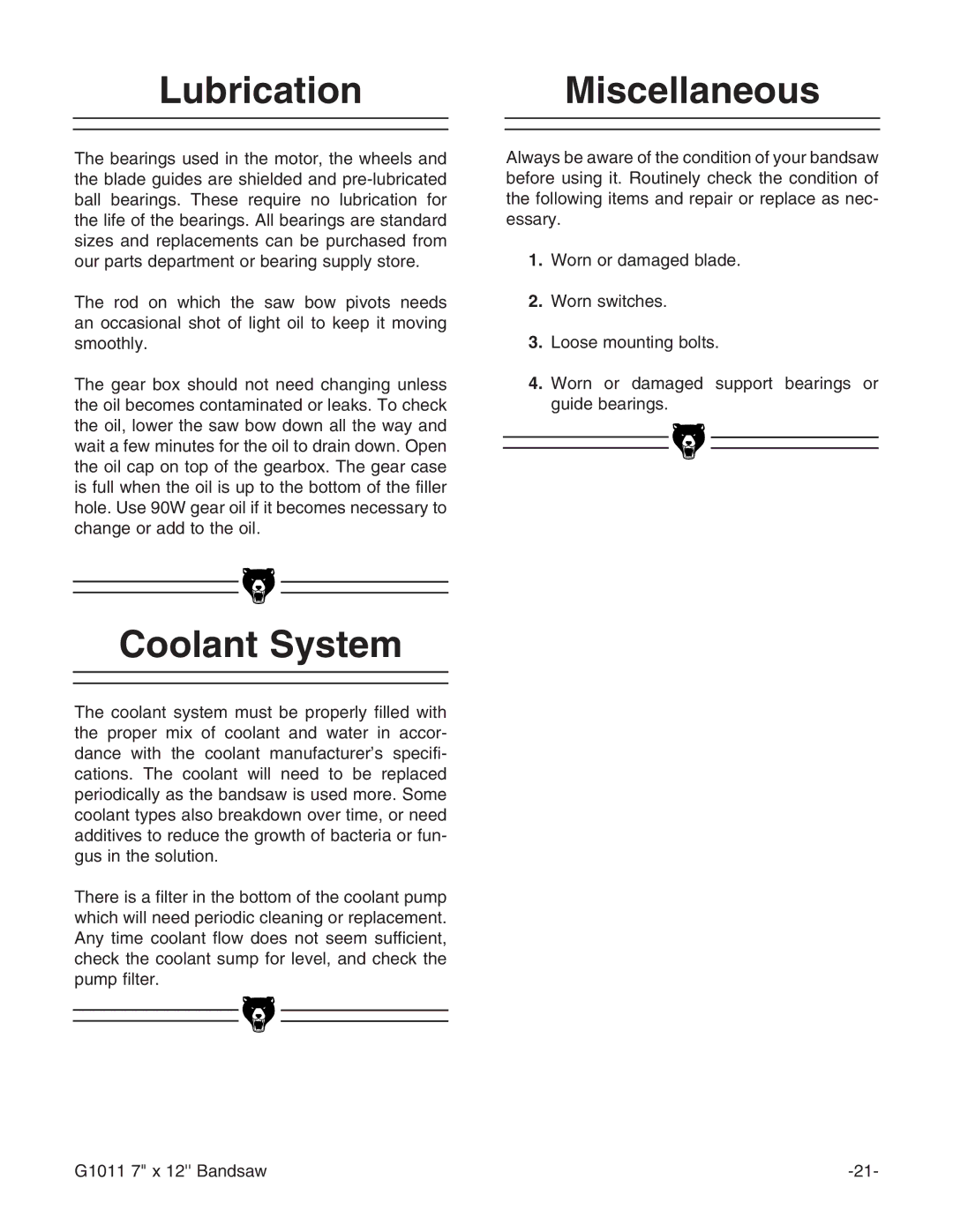 Grizzly G1011Z instruction manual Lubrication, Coolant System, Miscellaneous 