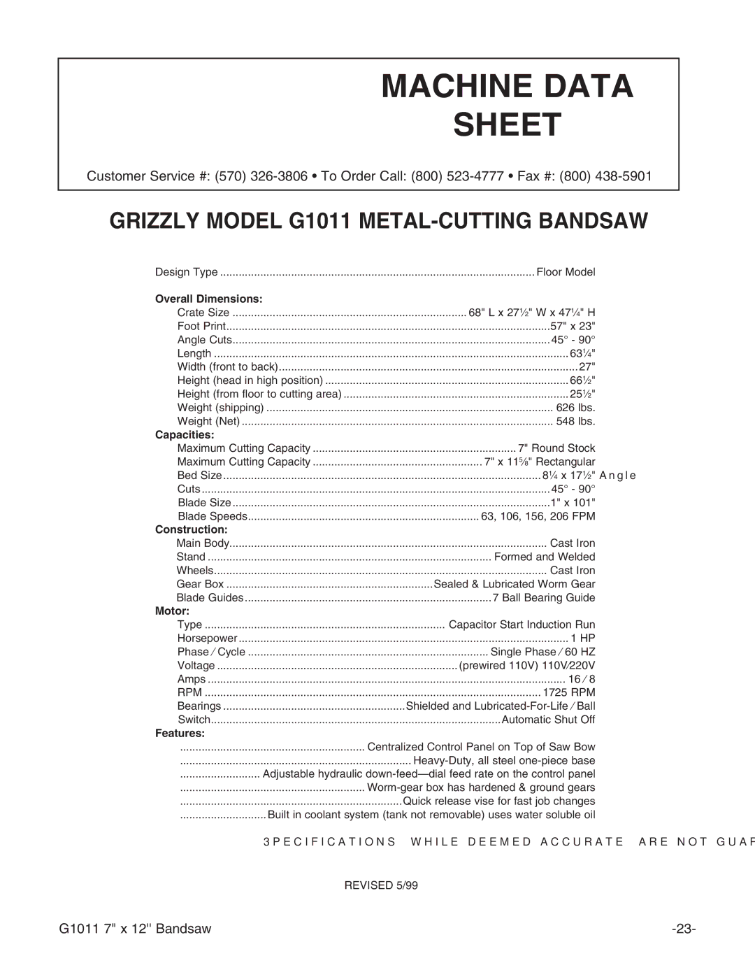 Grizzly G1011Z instruction manual Machine Data Sheet 